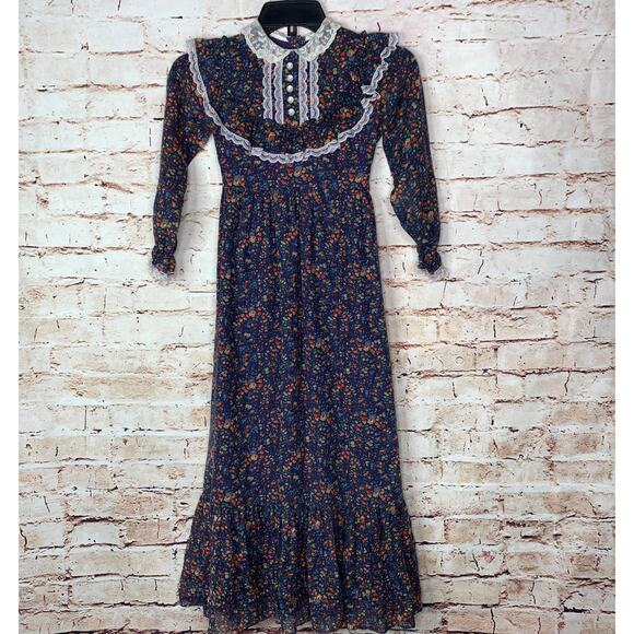 70s Girls Vintage Prairie Dress Genway Floral Print Lace Collar Cottagecore - Picture 1 of 13